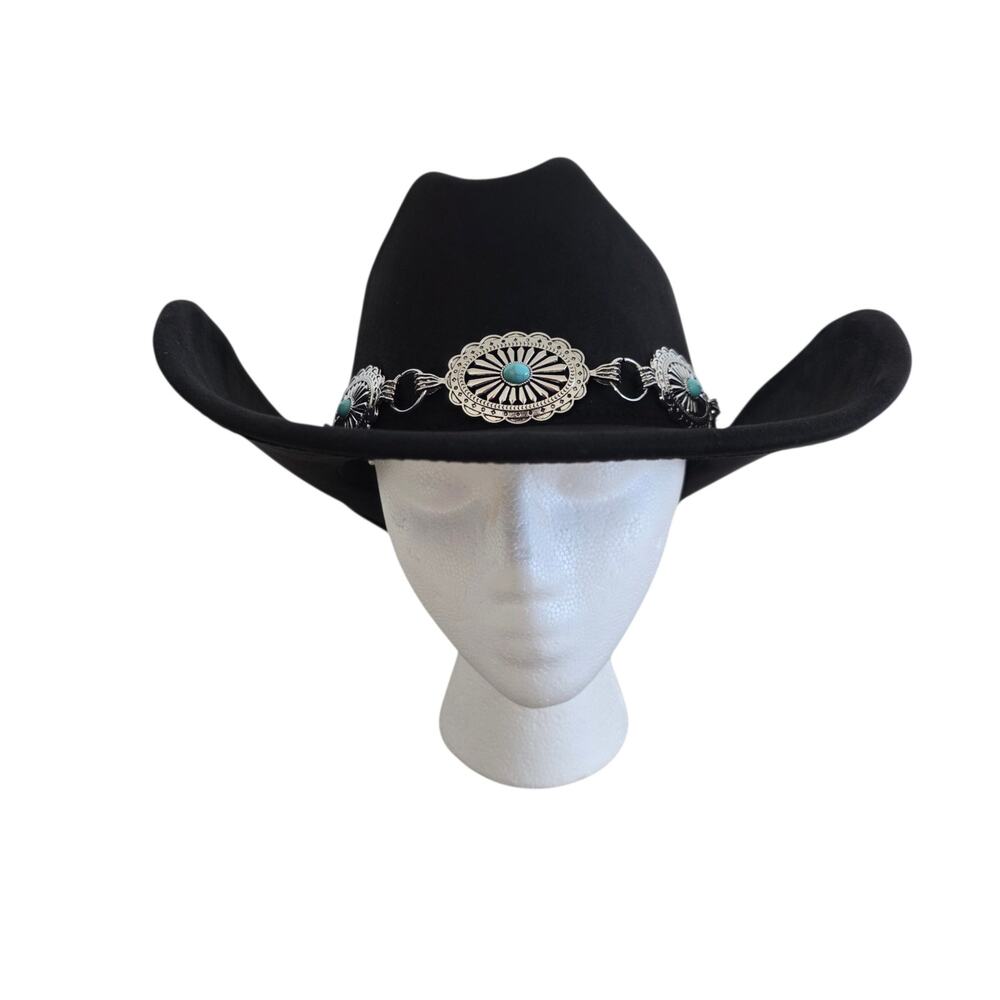 Boutique Western Black Cowboy Hat with Faux Turquoise & Silver Concho Band - Picture 5 of 7
